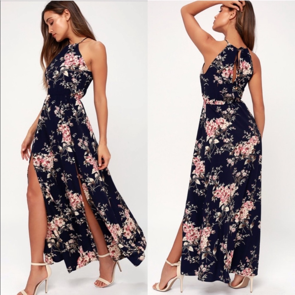 Lulu’s Feel the Music navy floral maxi dress